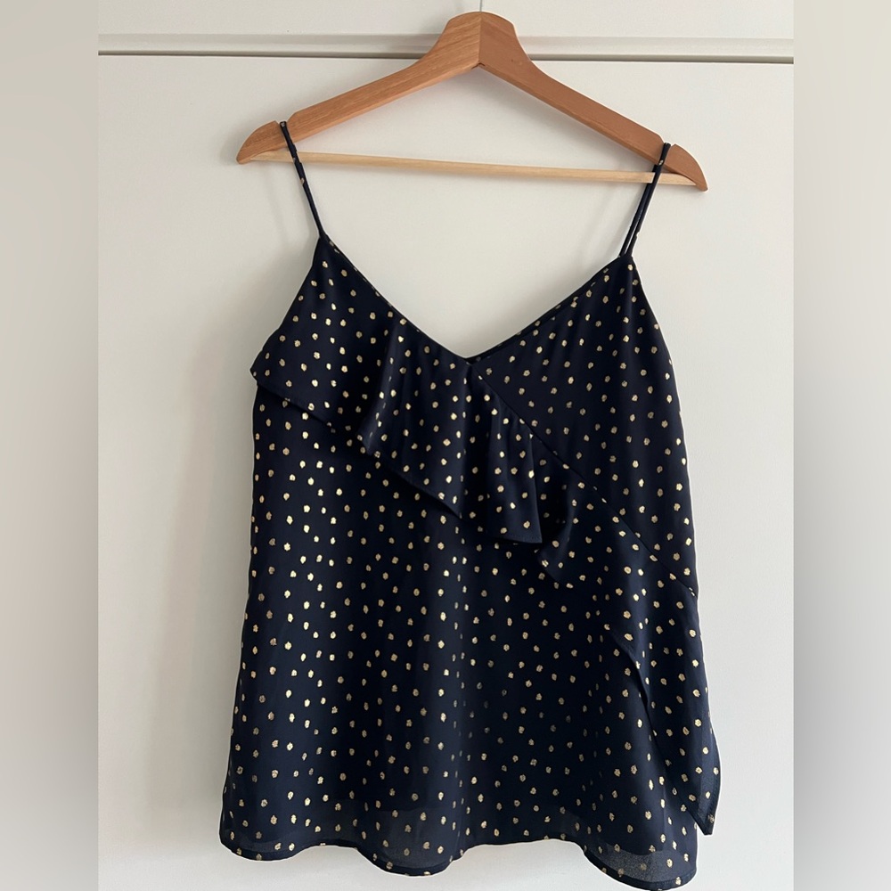 Zara Navy Spaghetti Strap Top with Gold Polka Dots